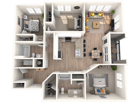 Floor plan for 3 beds, 2 baths, 1373 sqft